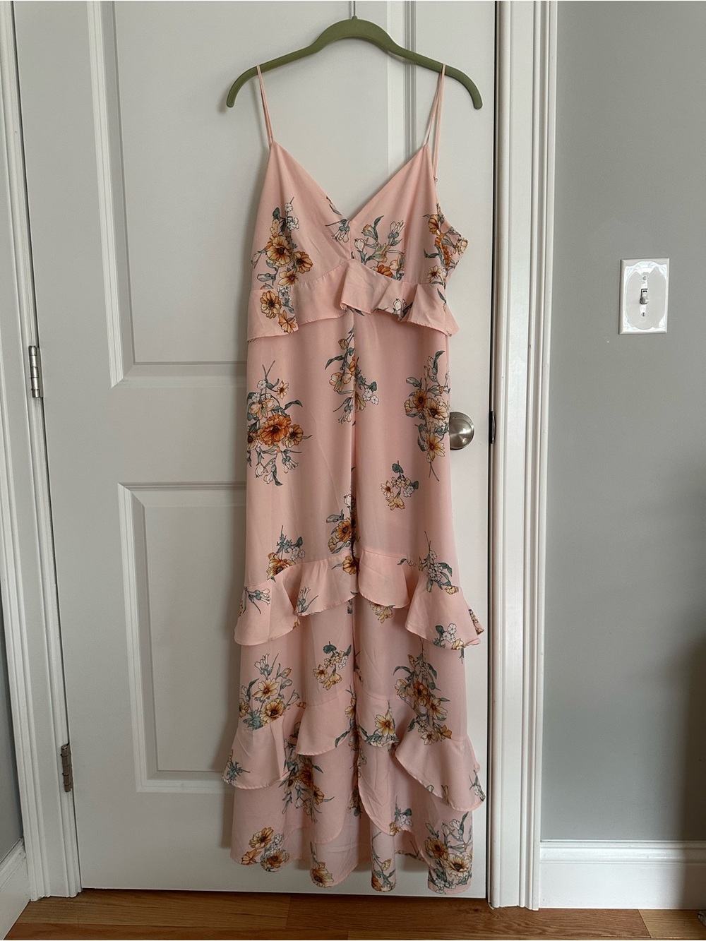 Lush Blush Pink Floral Ruffle Maxi Dress Size Medium ✨